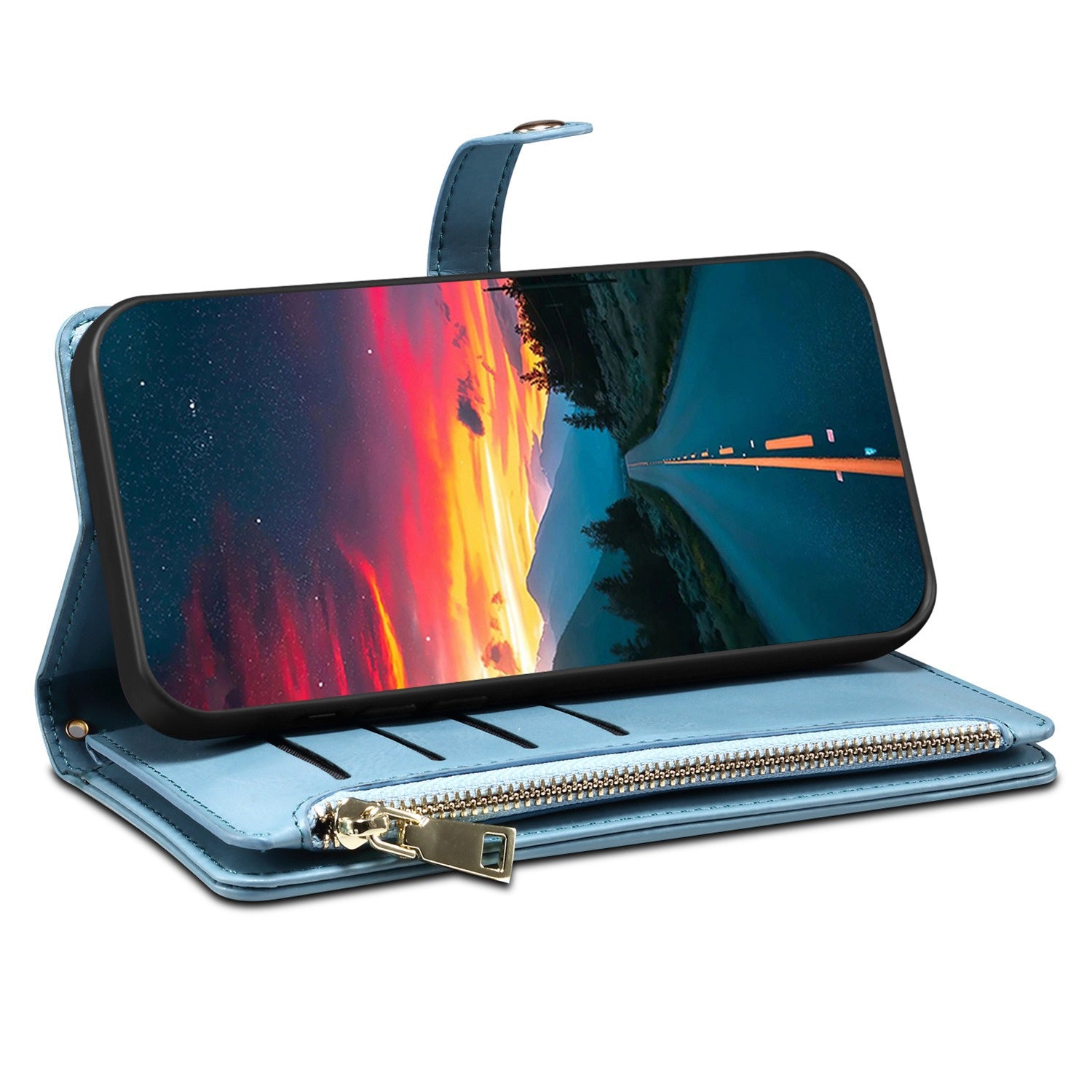 ESEBLE Galaxy Series For Samsung Galaxy M15 5G / F15 5G Case RFID Blocking Wallet Cover with Wrist Strap - Blue ESEBLE Galaxy Series For Samsung Galaxy M15 5G / F15 5G Case RFID Blocking Wallet Cover with Wrist Strap - Blue